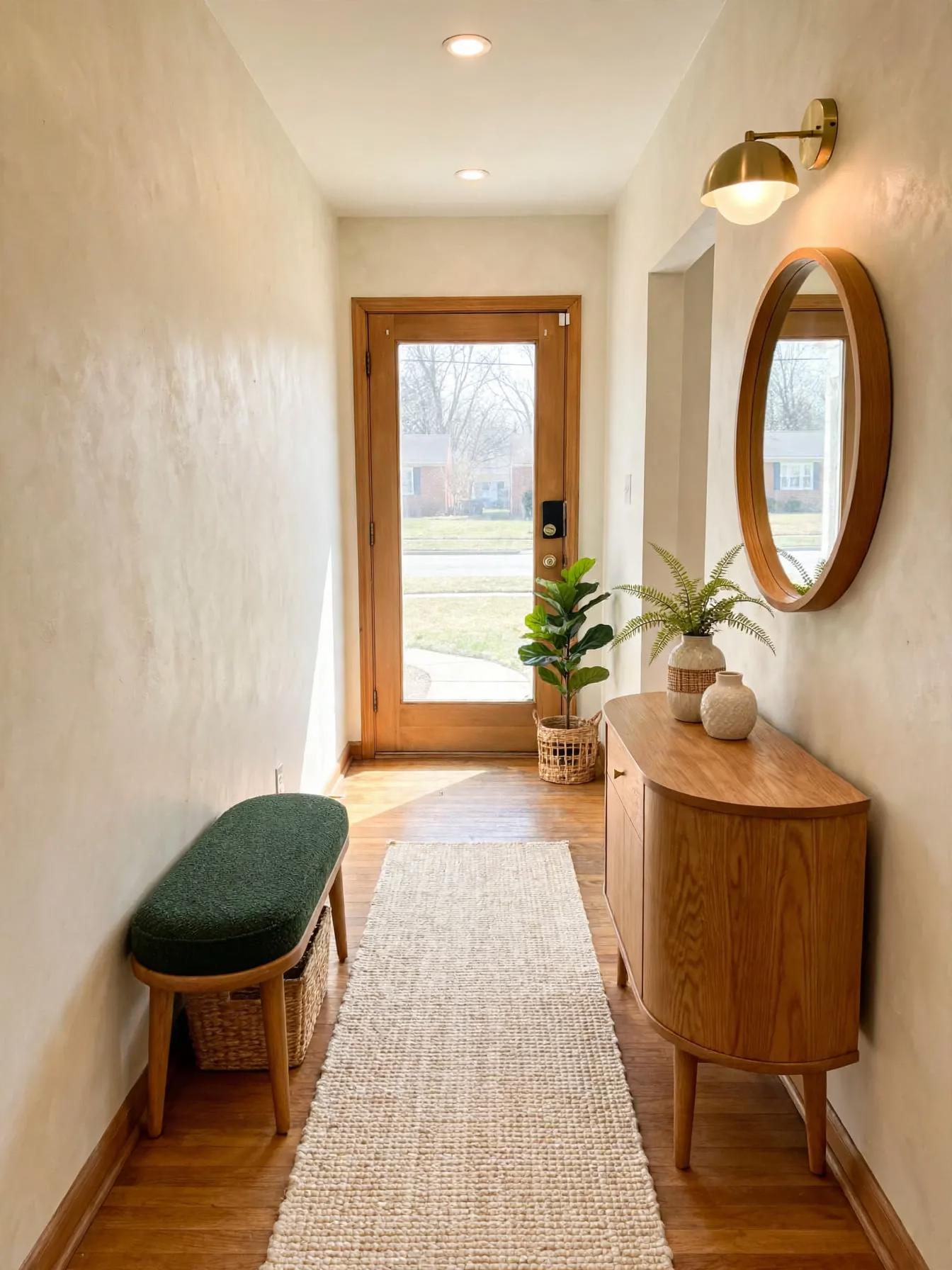 Narrow entry with curved wood console, round mirror, brass sconce, woven runner, green upholstered bench and potted plant.