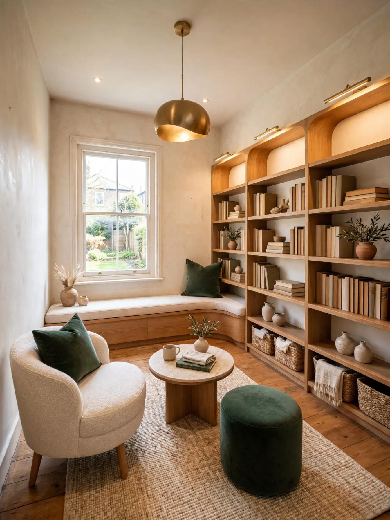 Modern home office after AI restyle by Renovaitor: Built-in oak bookshelves and window seat transform a narrow library