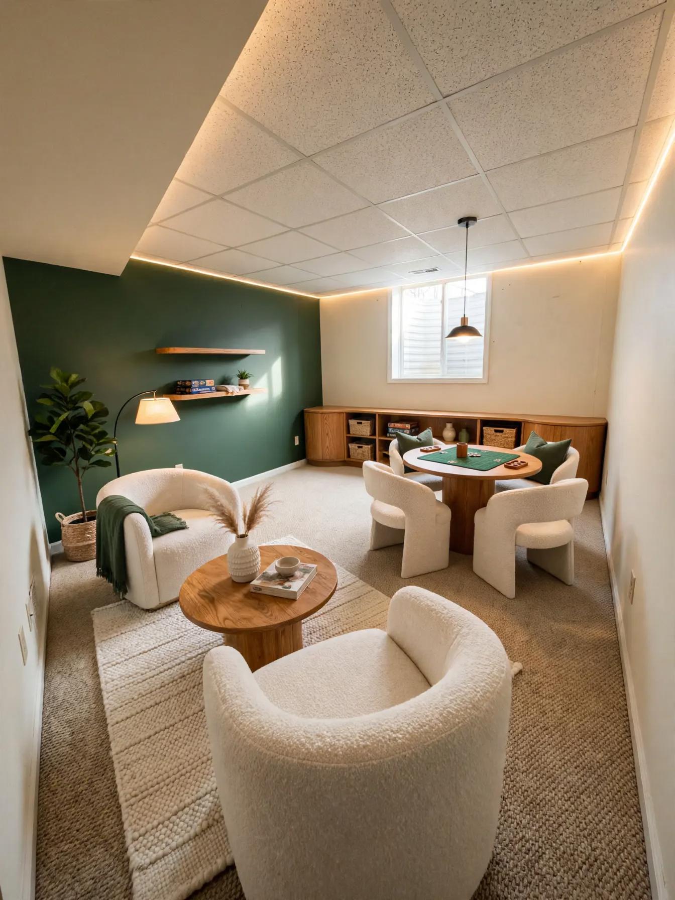 Modern basement after AI restyle by Renovaitor: Green Accent Game Nook with Curved Bouclé Seating