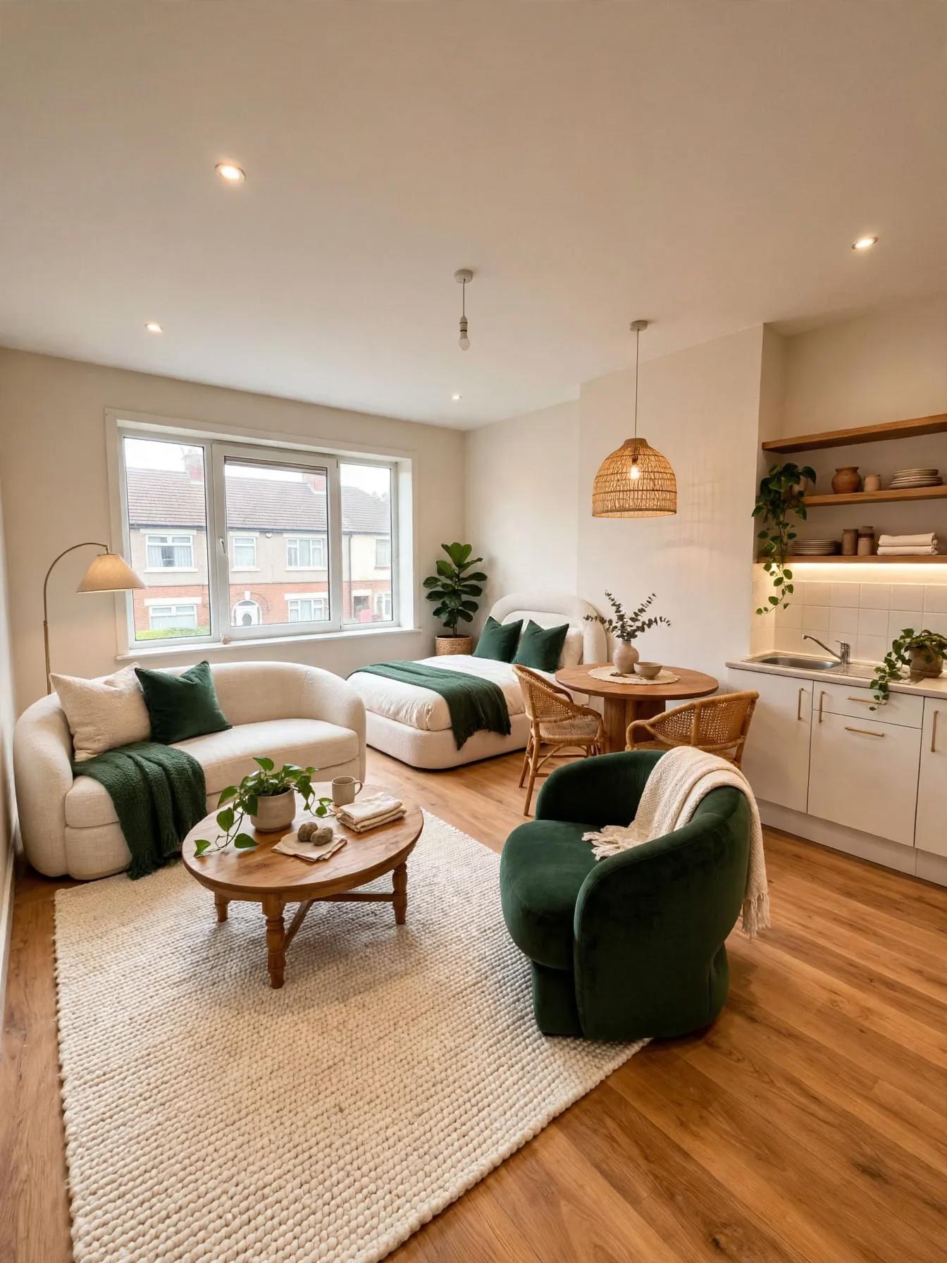 Studio staged with curved white sofa, green velvet armchair, woven pendant, round wooden table, rug and plants by the kitchenette