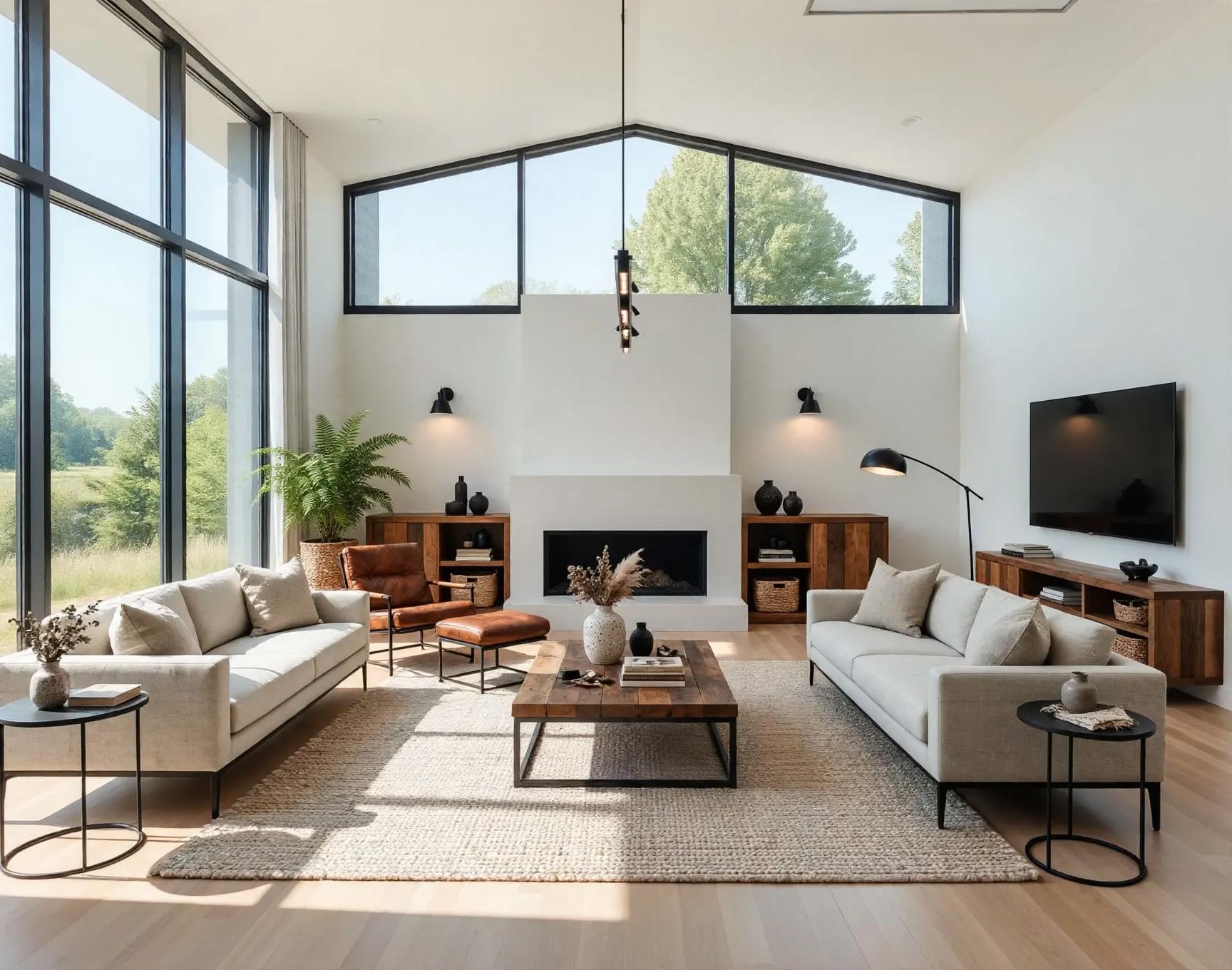 Same room staged with wood media cabinets flanking the fireplace, square wooden coffee table, leather chair and added wall sconces and pendant lighting