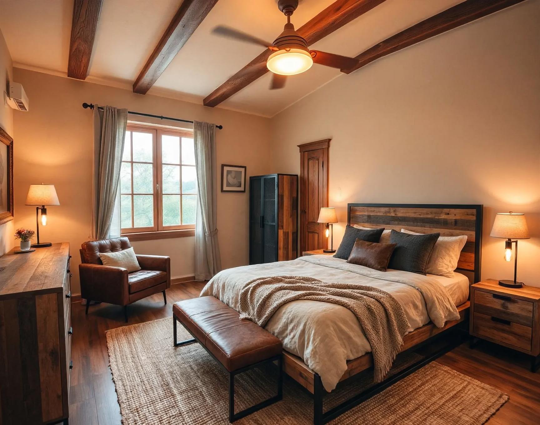 Same bedroom with a reclaimed-wood and metal bed, leather bench at foot, leather club chair by window, jute rug and taller black storage cabinet.