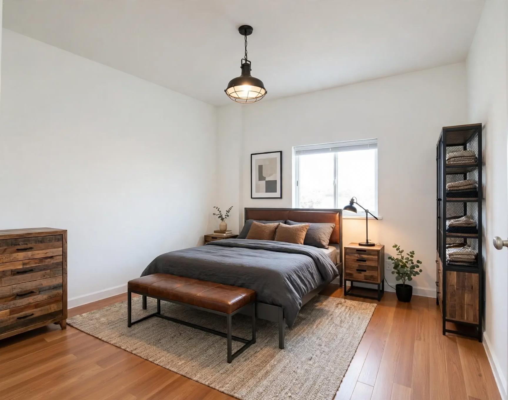 Industrial bedroom after AI virtual staging by Renovaitor: Leather-upholstered bed and industrial pendant anchor the bedroom