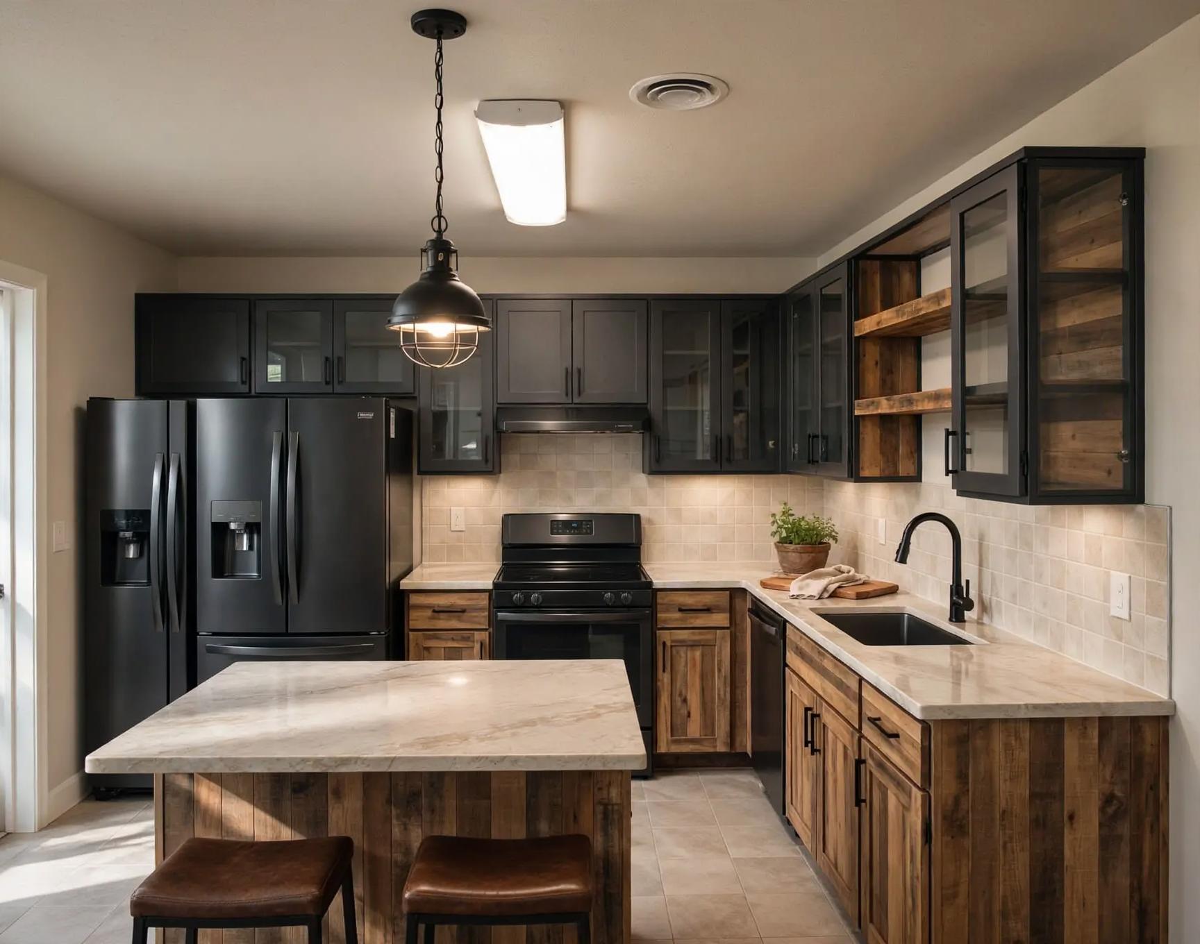 Industrial kitchen after AI virtual staging by Renovaitor: Black-and-wood industrial kitchen with island and glass uppers