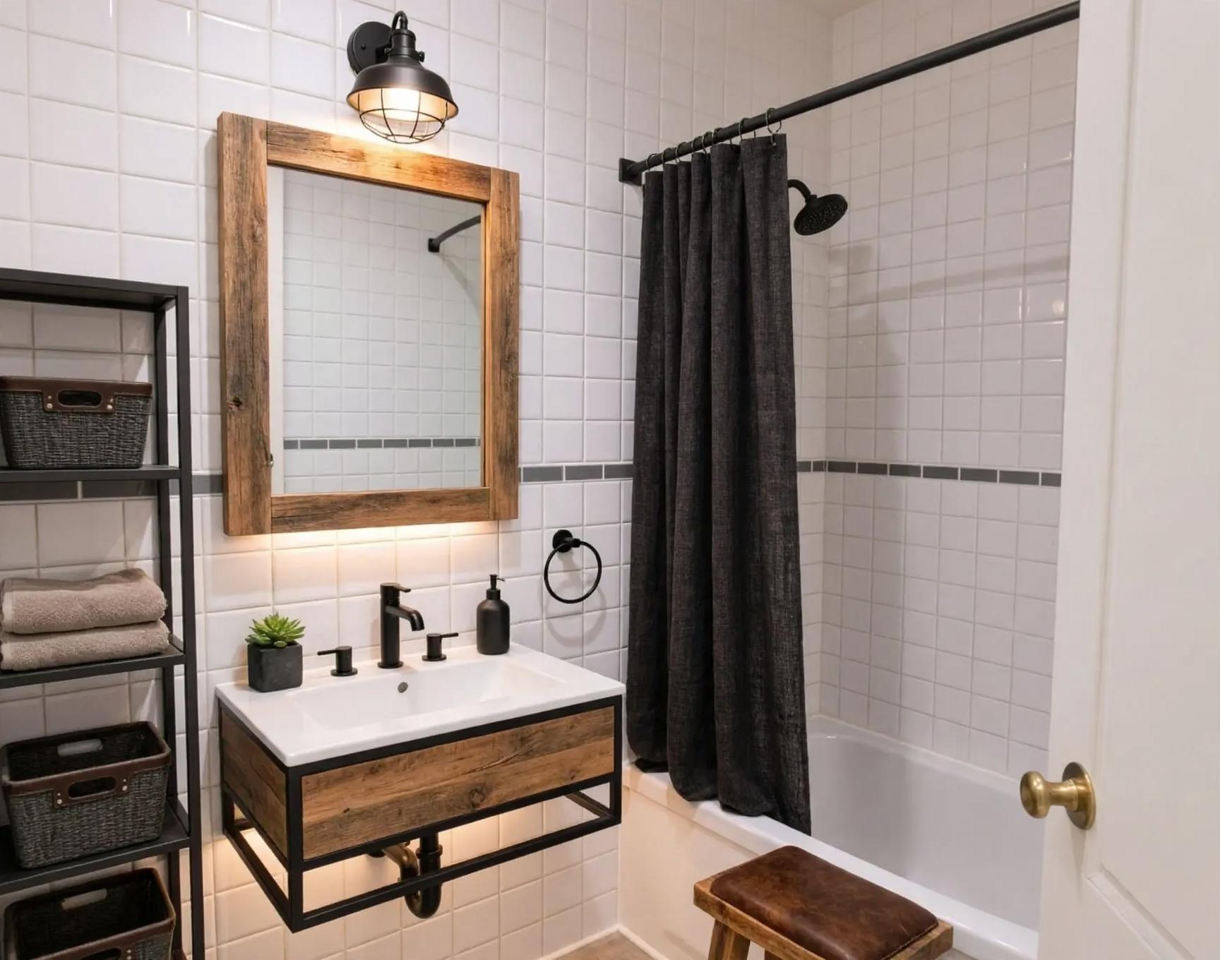 Industrial bathroom after AI virtual staging by Renovaitor: Reclaimed wood accents and matte black fixtures transform a small bathroom