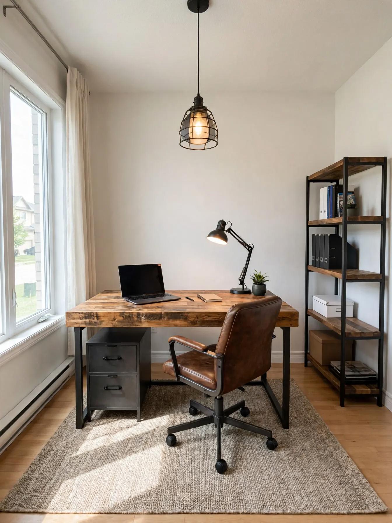 Industrial home office after AI virtual staging by Renovaitor: Reclaimed Wood Desk Anchoring Sunlit Corner Office