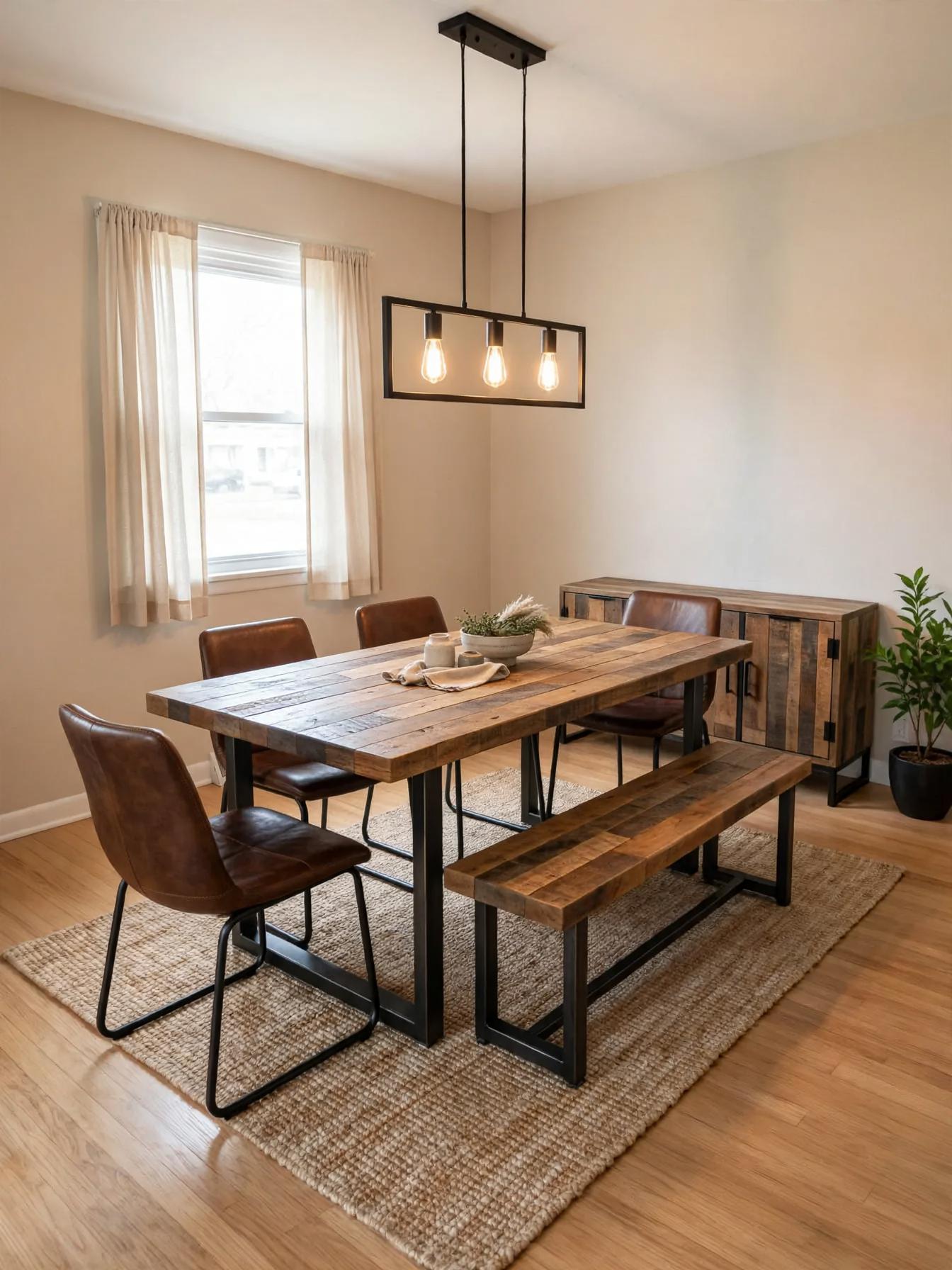 Industrial dining room after AI virtual staging by Renovaitor: Reclaimed wood table anchored by leather chairs and pendant light