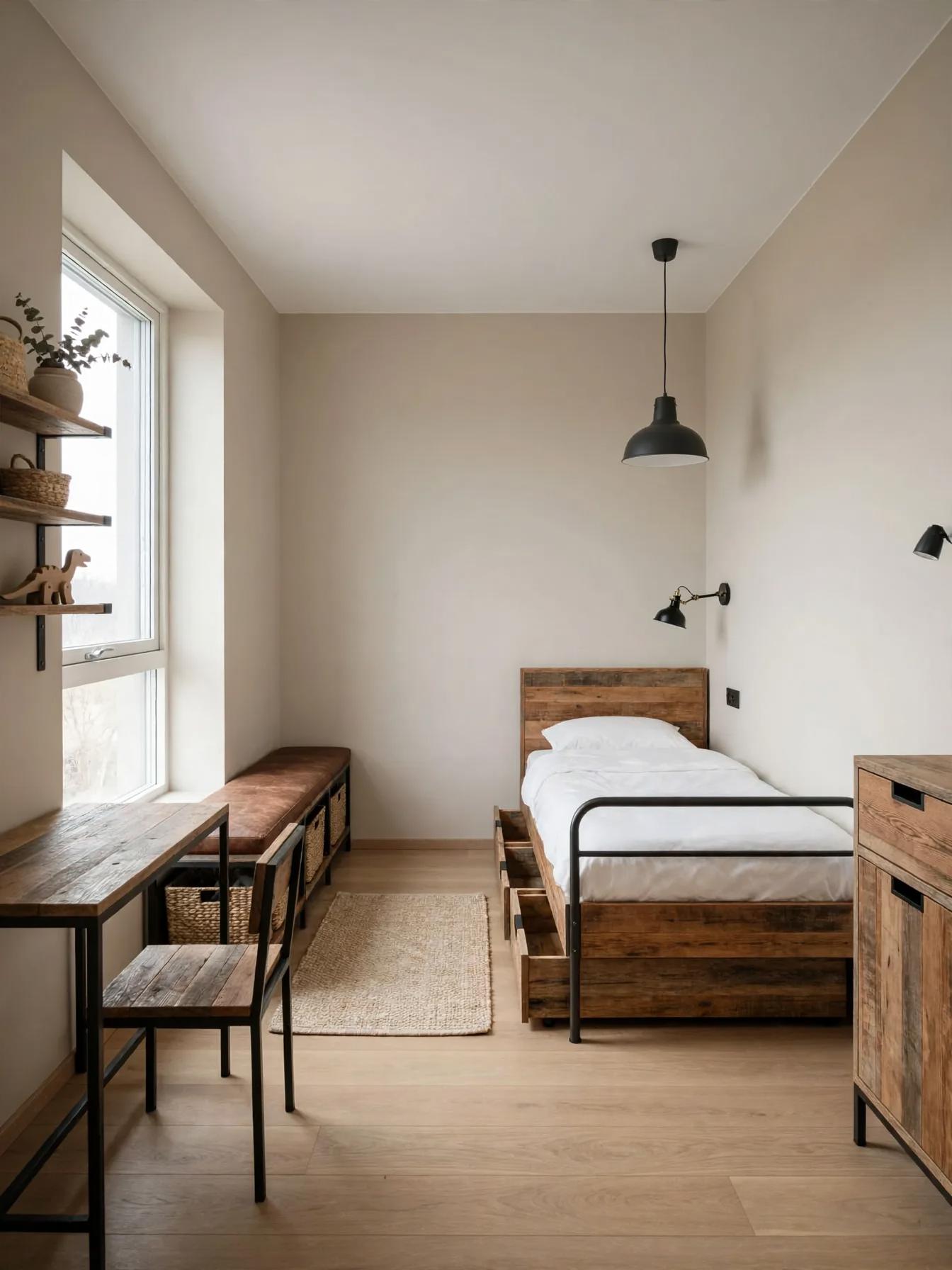 Industrial kids room after AI virtual staging by Renovaitor: Tall window alcove with industrial wood accents in kids-room