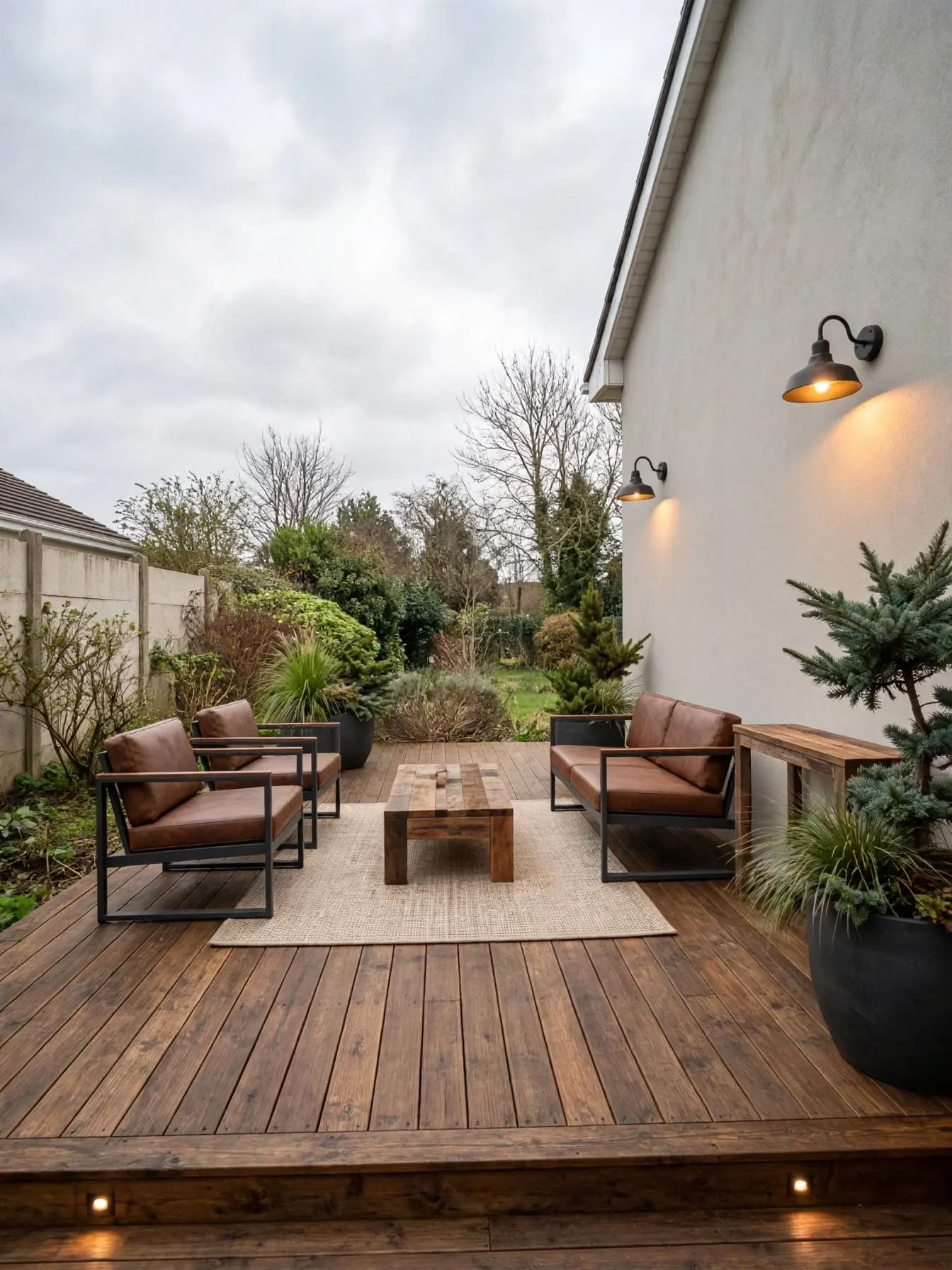 Industrial outdoor after AI virtual staging by Renovaitor: Raised stained wood deck with leather-style seating and wall lamps