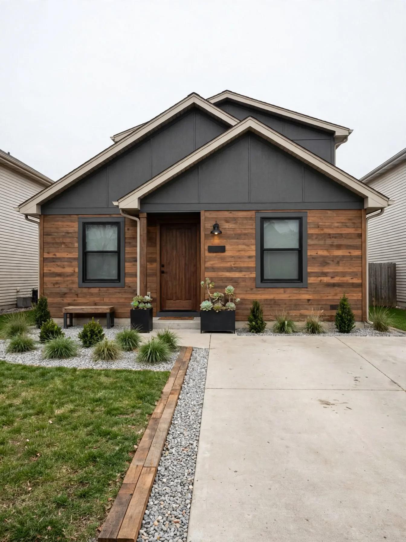 Facade with horizontal cedar cladding on lower elevation, dark charcoal gable, black-trim windows, planters, gravel edging and timber driveway border.