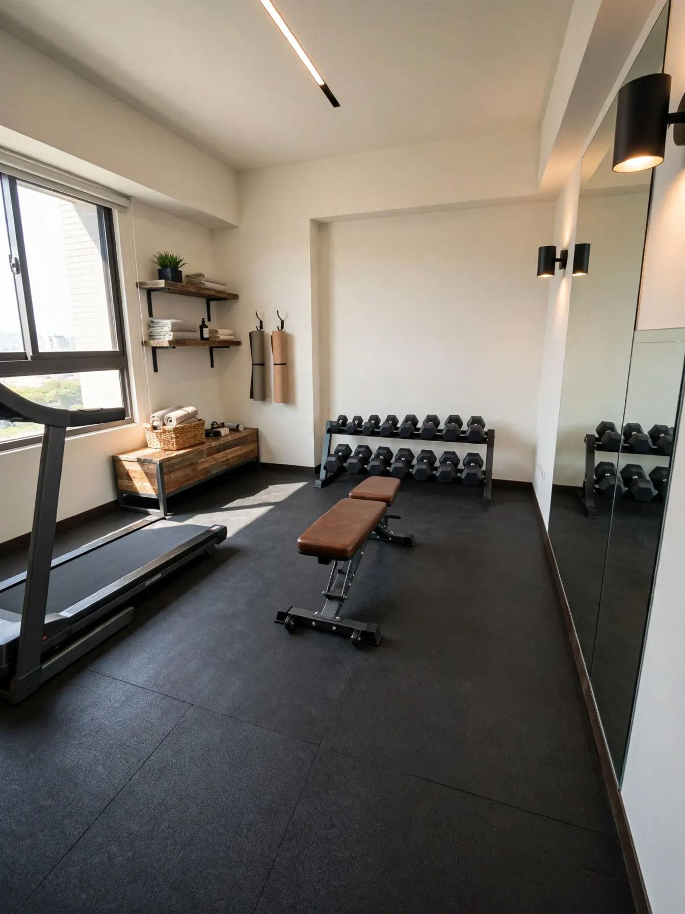 Industrial home gym after AI virtual staging by Renovaitor: Floor-to-ceiling mirror and dumbbells define this compact home gym