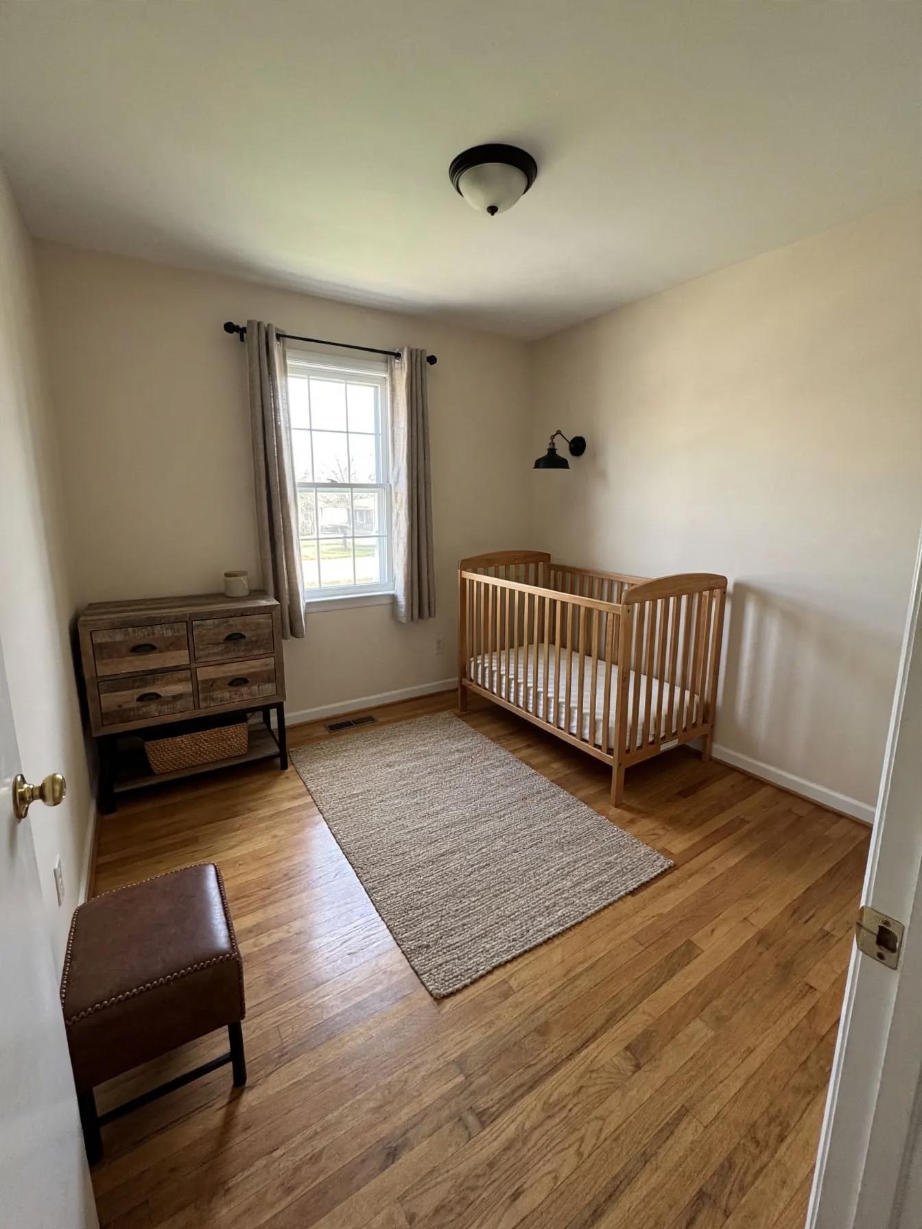 Industrial nursery after AI virtual staging by Renovaitor: Natural wood crib with black metal sconce and textured rug