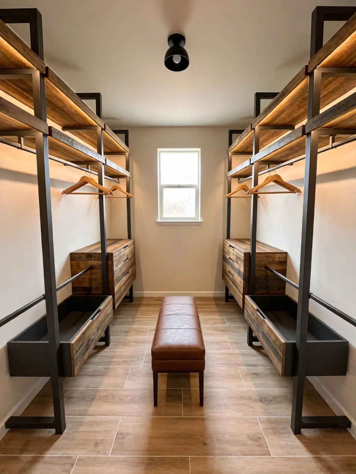 Industrial walk in closet after AI virtual staging by Renovaitor: Paired metal frames and wood drawers define this walk-in closet
