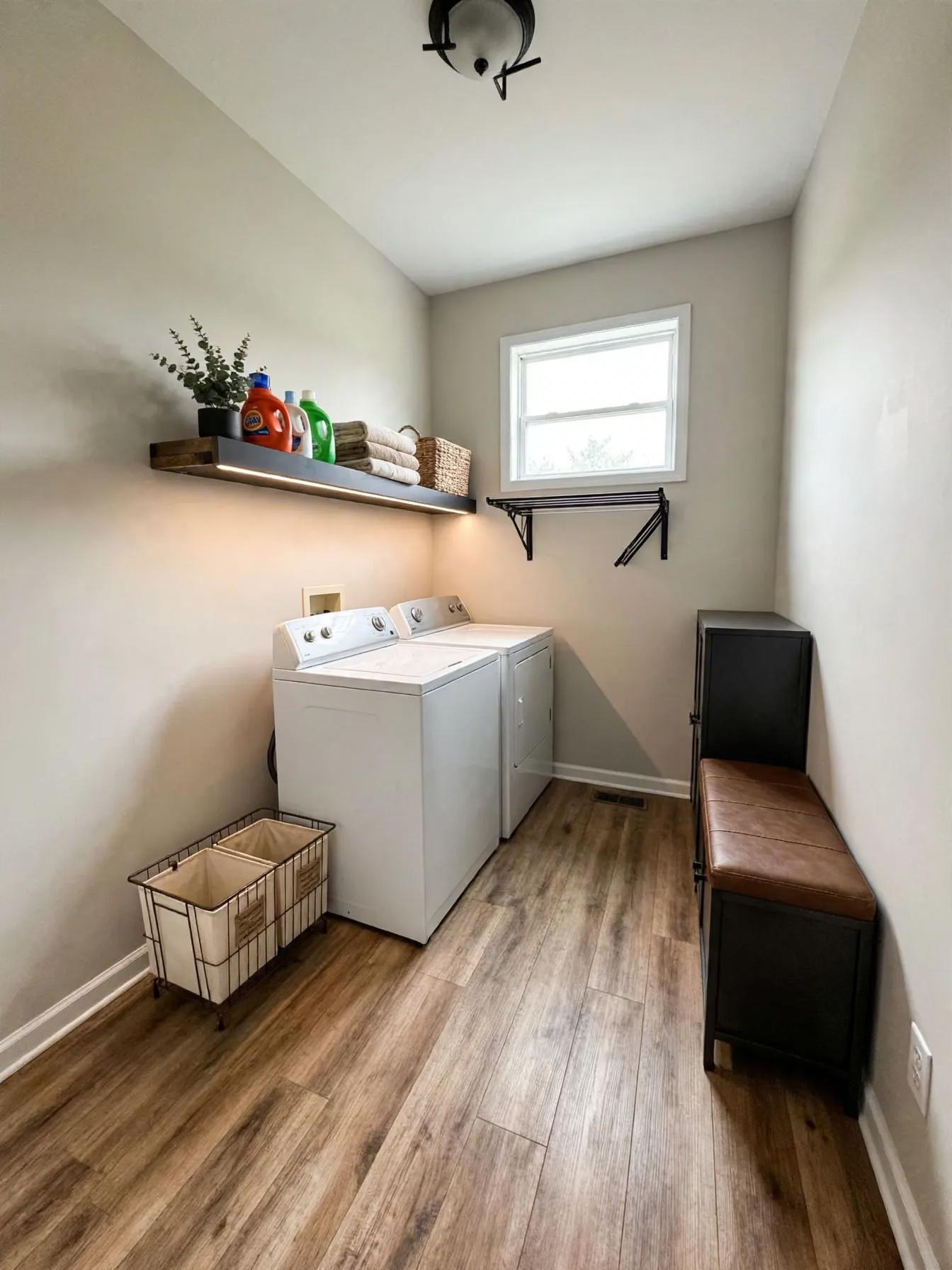 Industrial laundry room after AI virtual staging by Renovaitor: Wood-look floor and black accents transform narrow laundry nook
