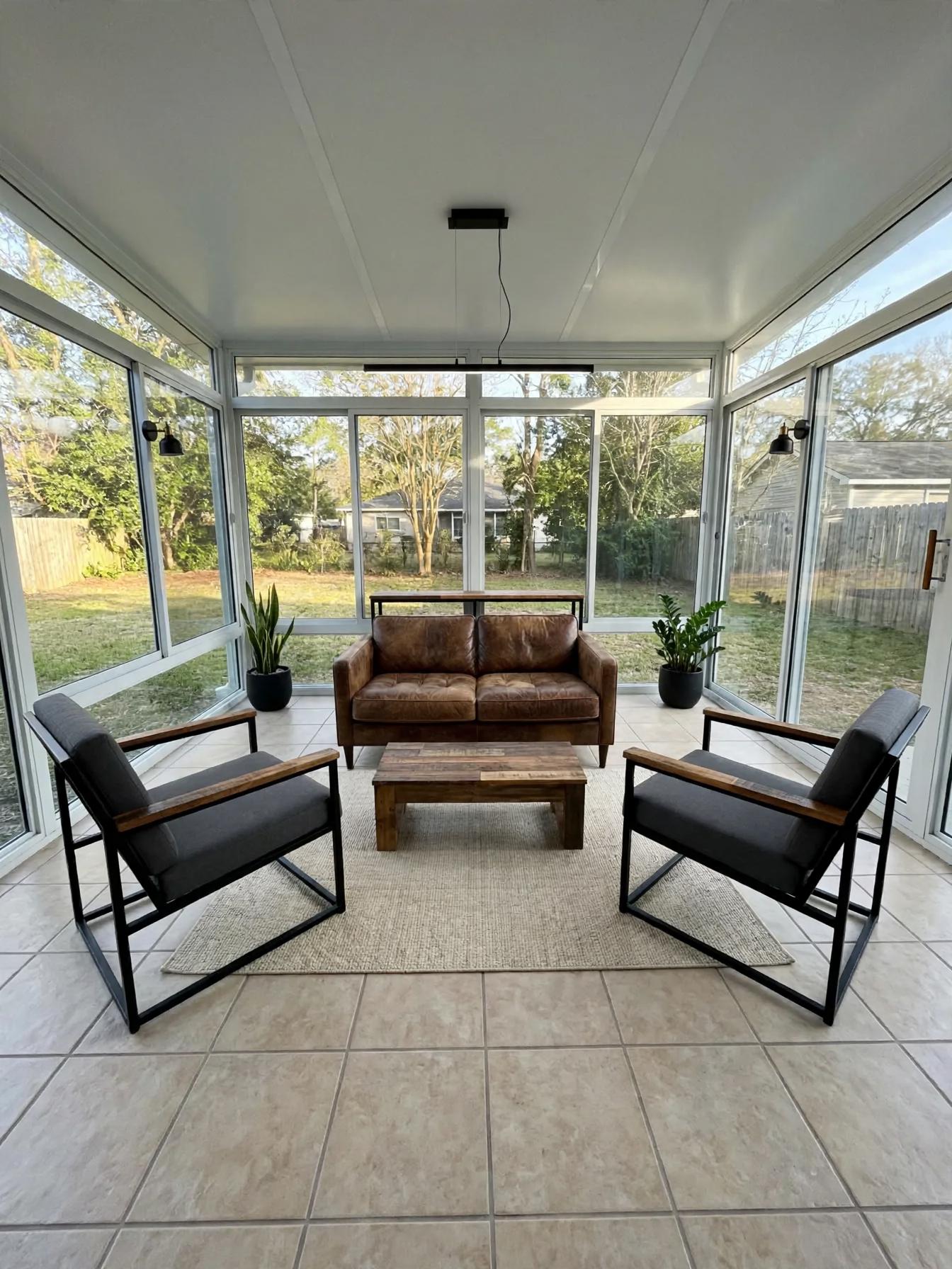 Industrial sunroom after AI virtual staging by Renovaitor: Floor-to-ceiling windows sunroom anchored by leather sofa