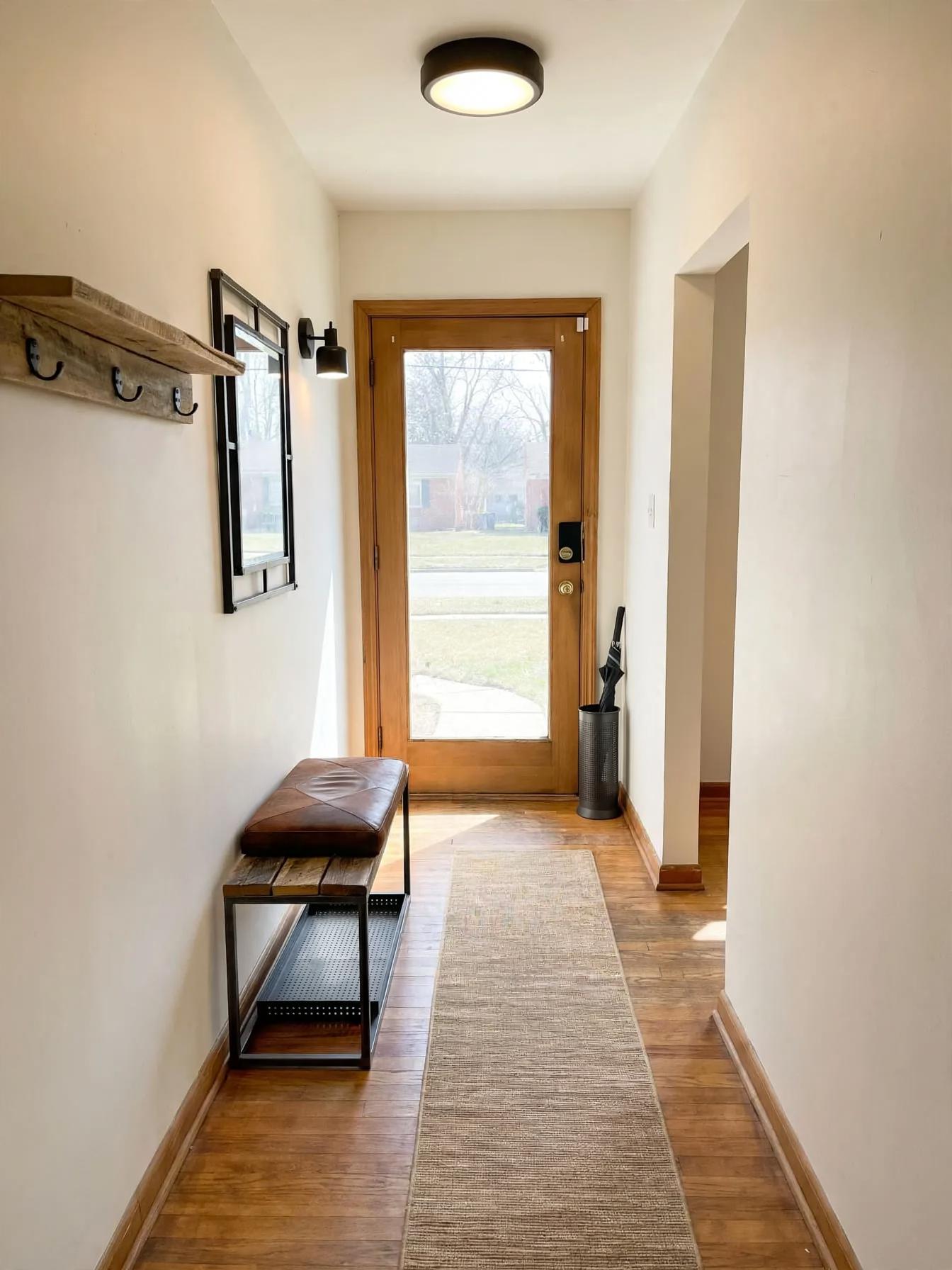 Industrial entryway after AI virtual staging by Renovaitor: Narrow entryway softened with bench, hooks and runner