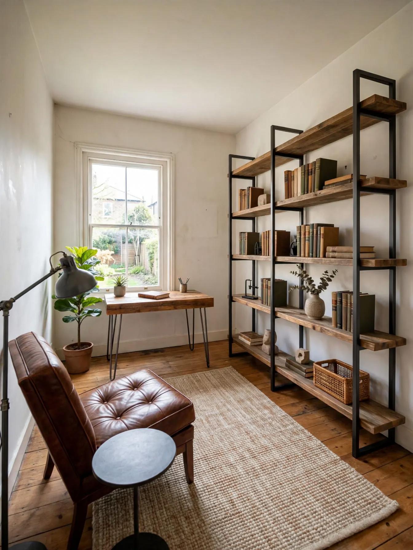 Industrial home office after AI virtual staging by Renovaitor: Tall metal shelving and leather lounge in a narrow library-office