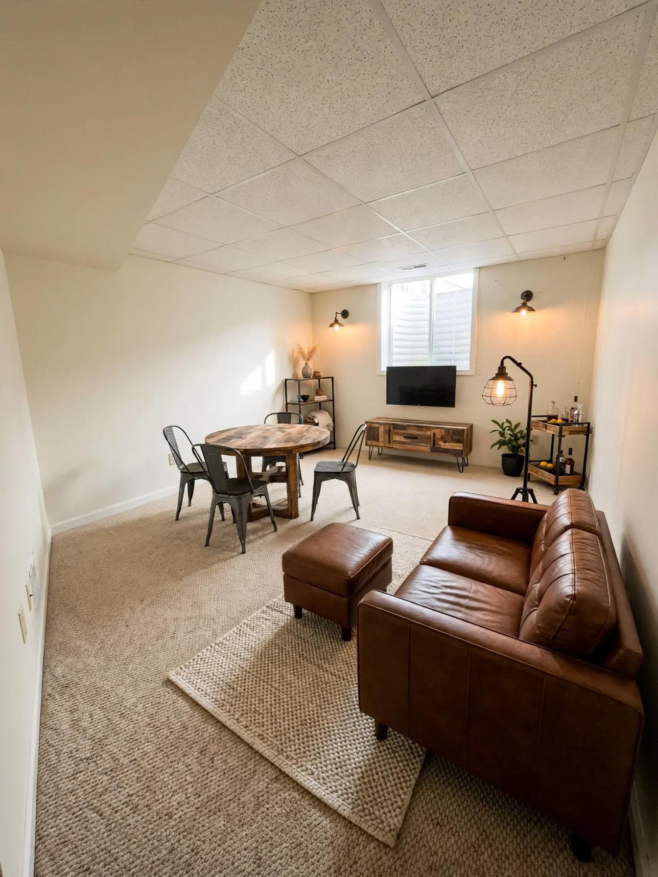 Industrial basement after AI virtual staging by Renovaitor: Egress Window–Centered Modern Industrial Game Room Staging