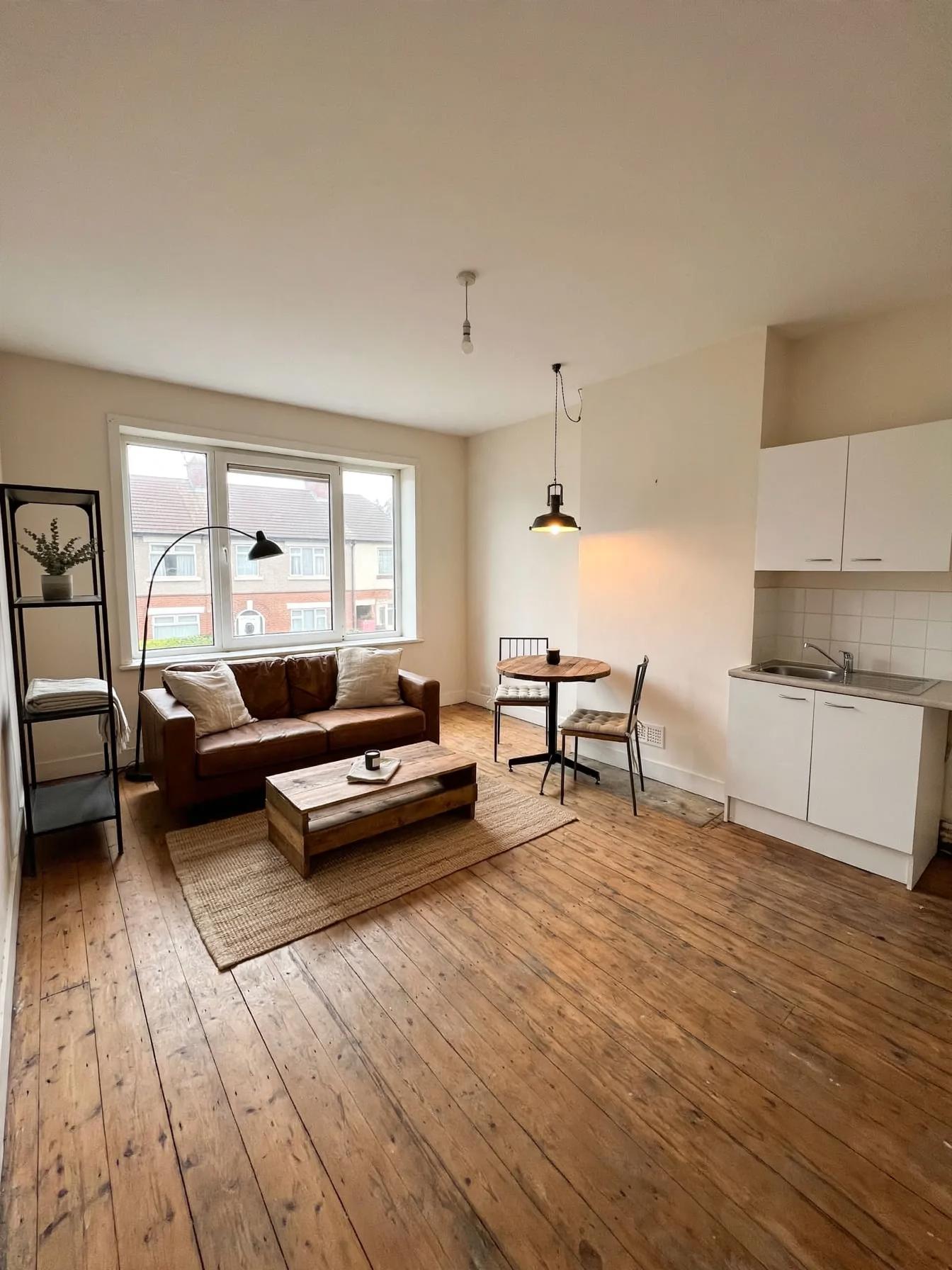 Staged studio living-room with leather sofa under the front window, low wooden coffee table on a jute rug, tall open shelf, round bistro table and hanging pendant light beside the kitchenette