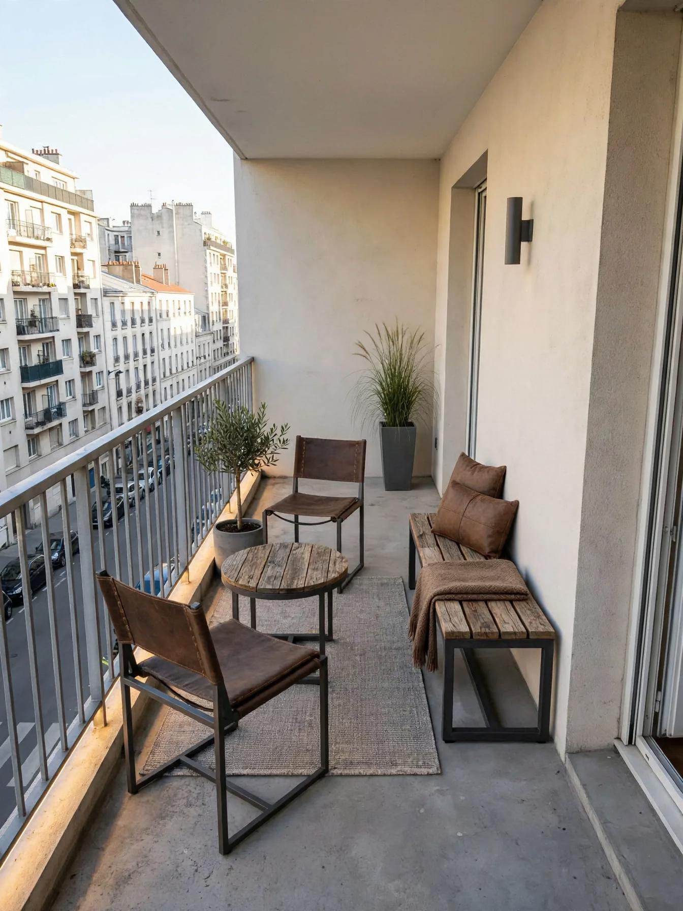 Industrial outdoor after AI virtual staging by Renovaitor: Narrow concrete balcony softened with industrial seating