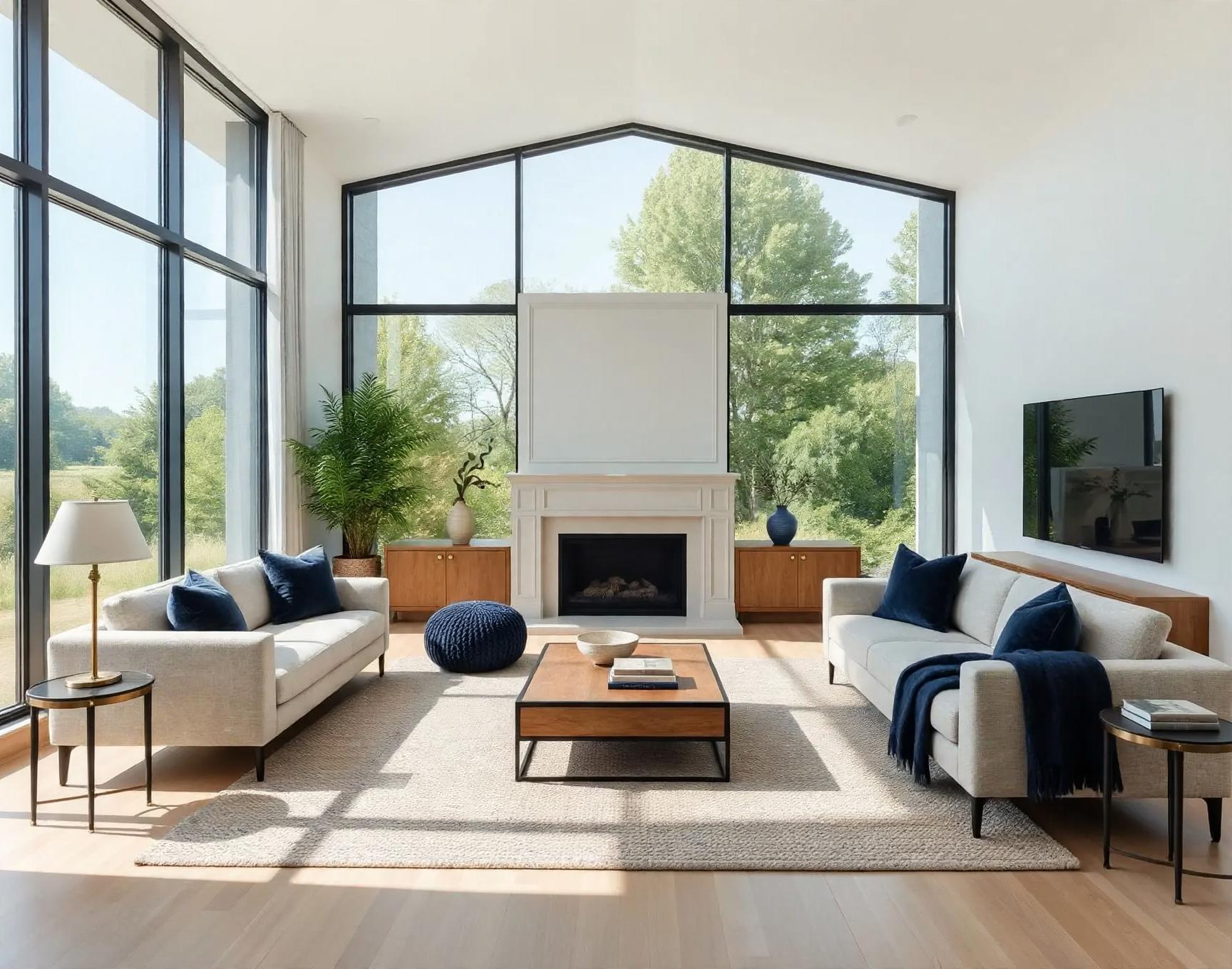 Contemporary living room after AI virtual staging by Renovaitor: Tall gabled window living room with mirrored sofa layout
