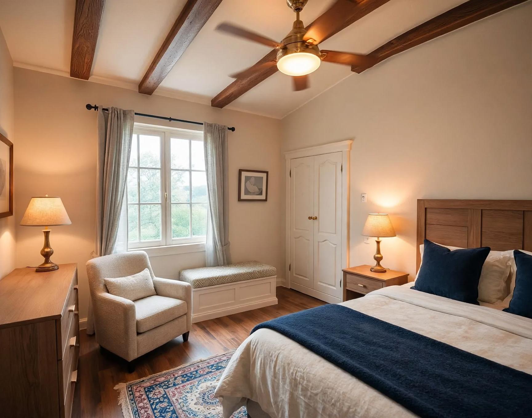 Contemporary bedroom after AI virtual staging by Renovaitor: Exposed ceiling beams with navy-accented bedding and bench