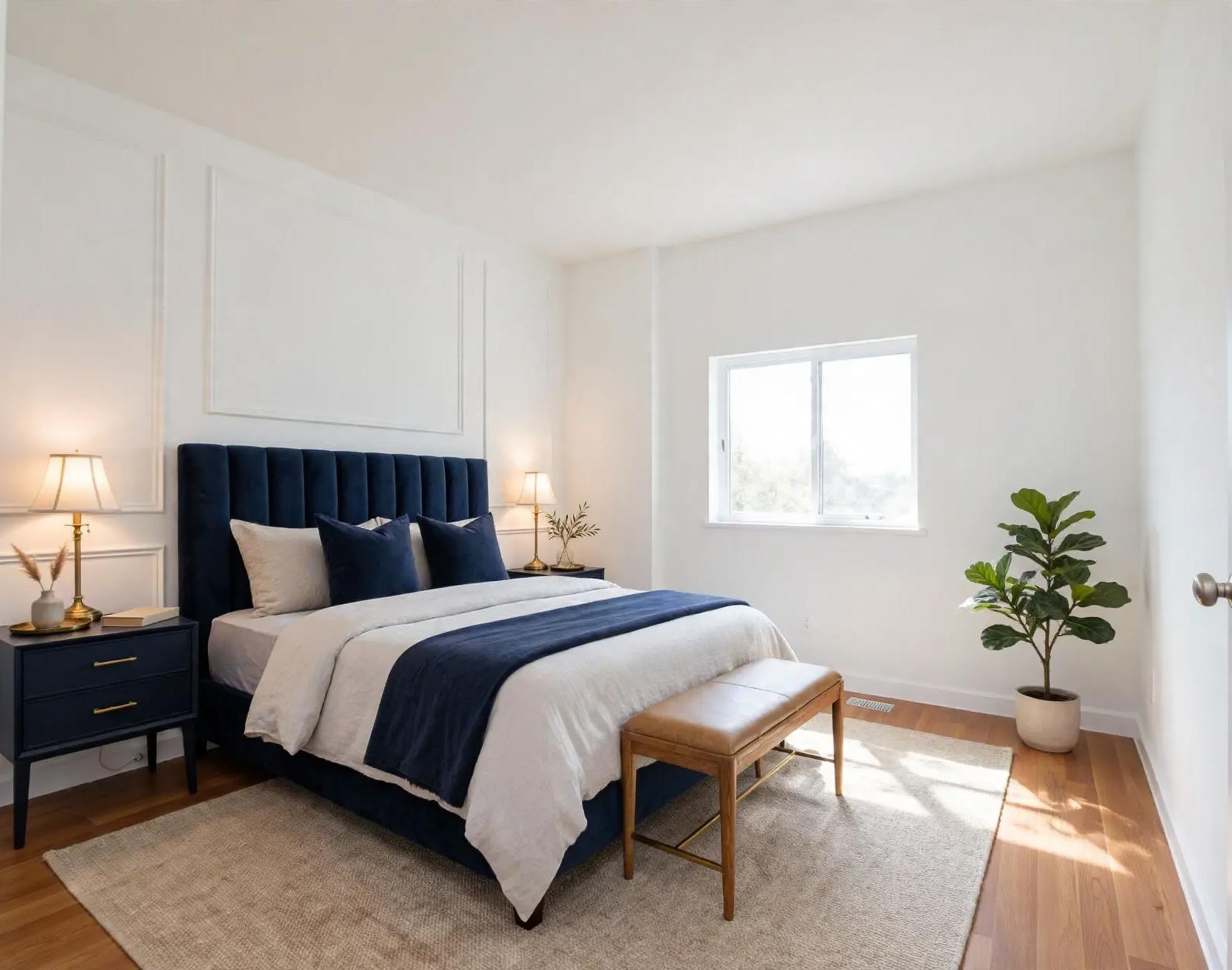 Staged bedroom with tall navy headboard, matching nightstands and lamps, beige rug, bench and potted plant