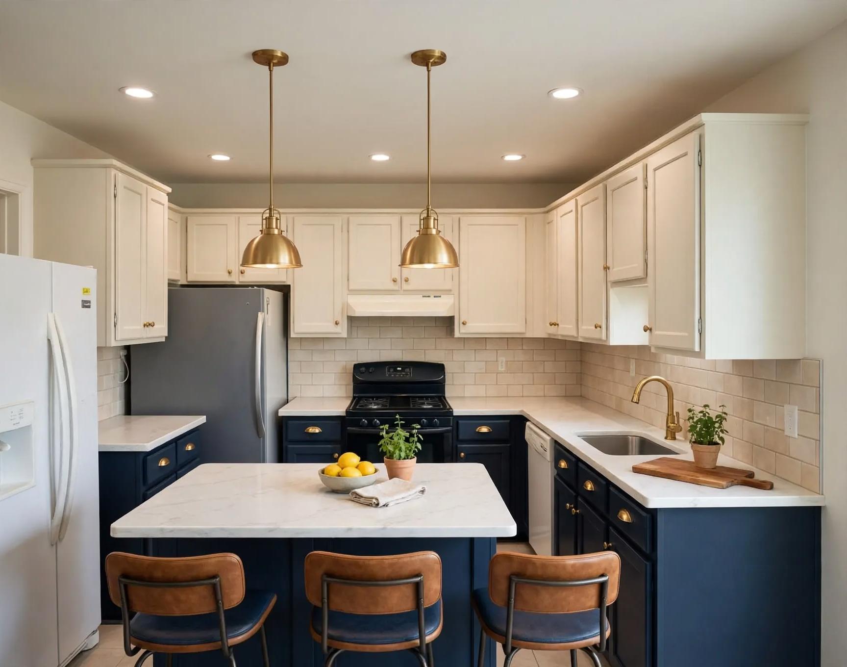 Contemporary kitchen after AI virtual staging by Renovaitor: Two brass pendant lights over a navy island and white upper cabinets