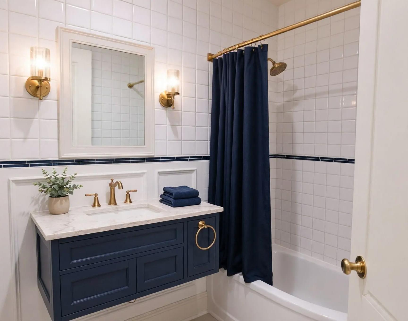 Contemporary bathroom after AI restyle by Renovaitor: Navy Vanity and Brass Accents in Tiled Bath Remodel