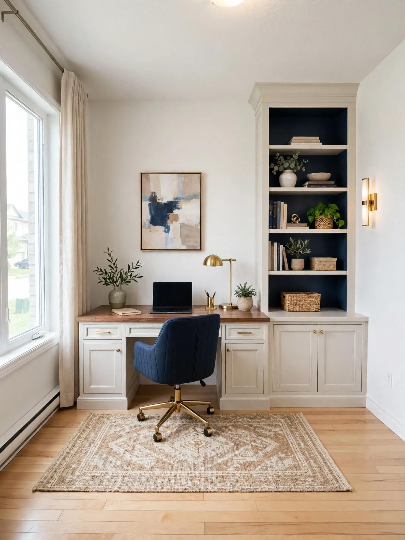 Contemporary home office after AI restyle by Renovaitor: Navy-backed built-in shelving and tailored desk fronting large window