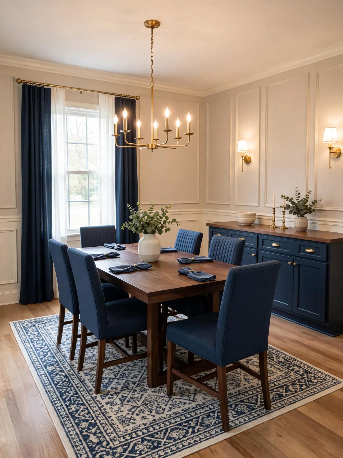 Transitional dining room after AI restyle by Renovaitor: Navy-anchored transitional dining with paneled walls and brass chandelier