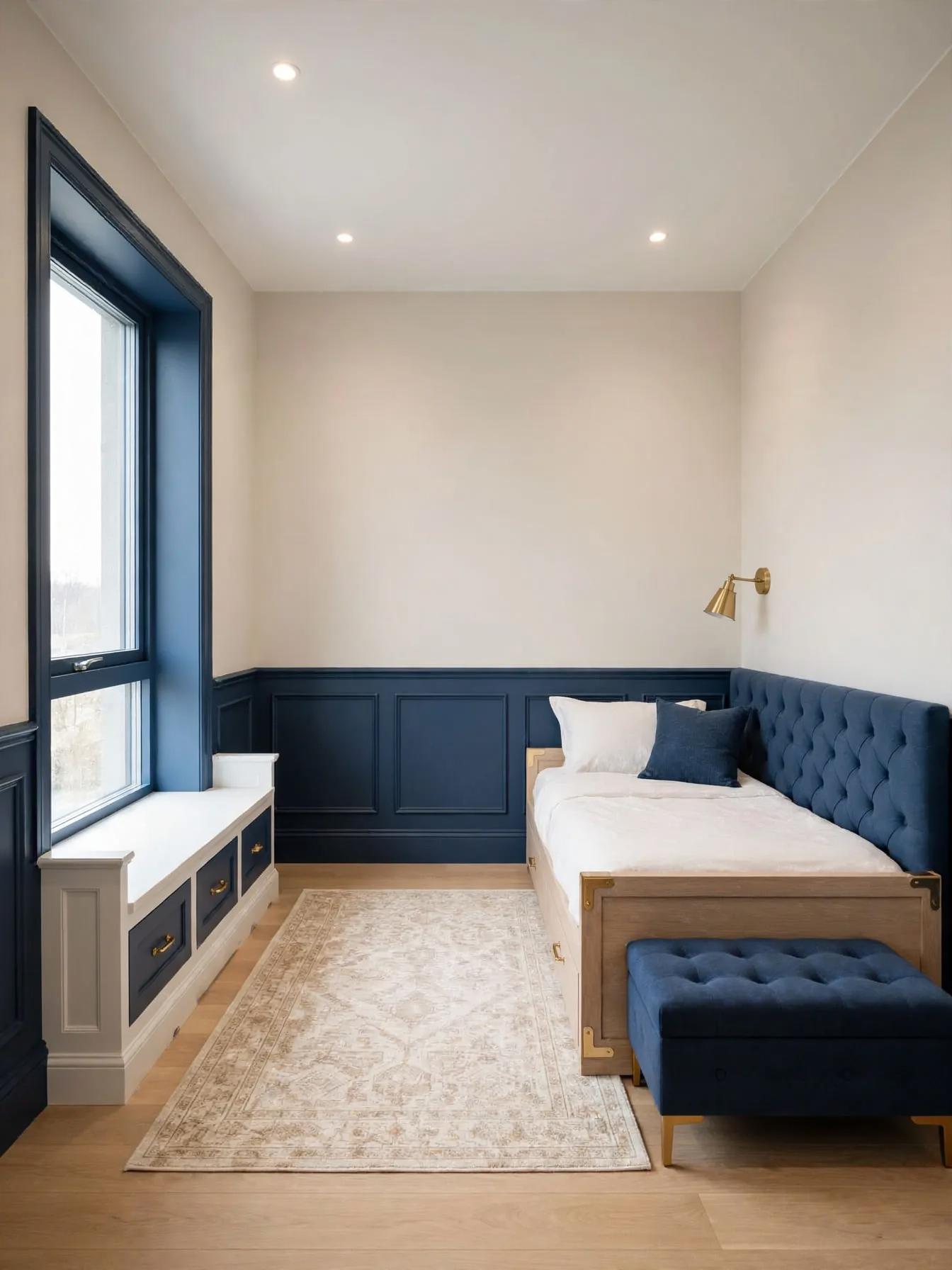 Contemporary kids room after AI restyle by Renovaitor: Navy wainscot and tufted daybed transform a minimalist kids room