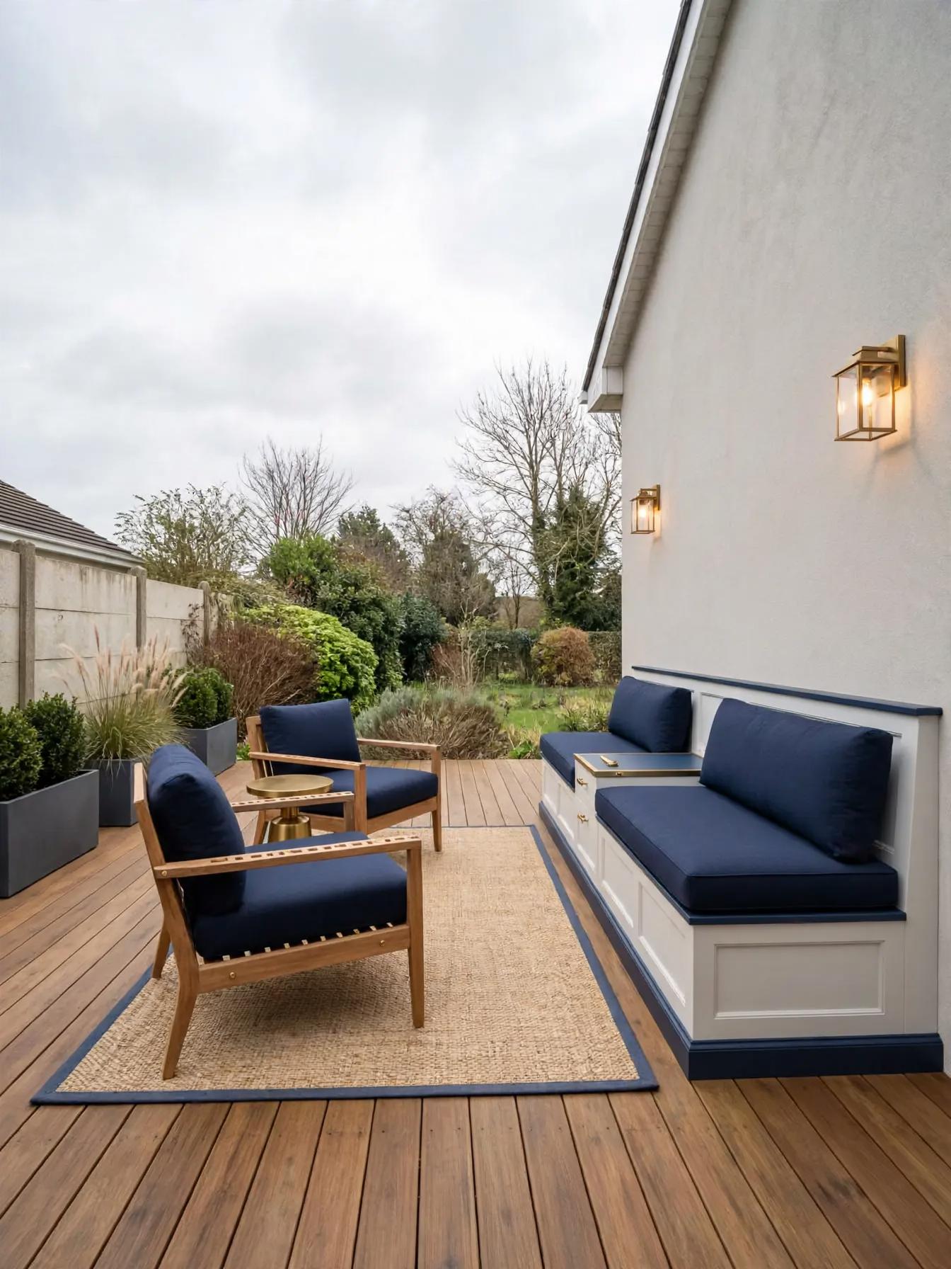Contemporary outdoor after AI restyle by Renovaitor: Built-in navy bench and seating zone on narrow wooden patio