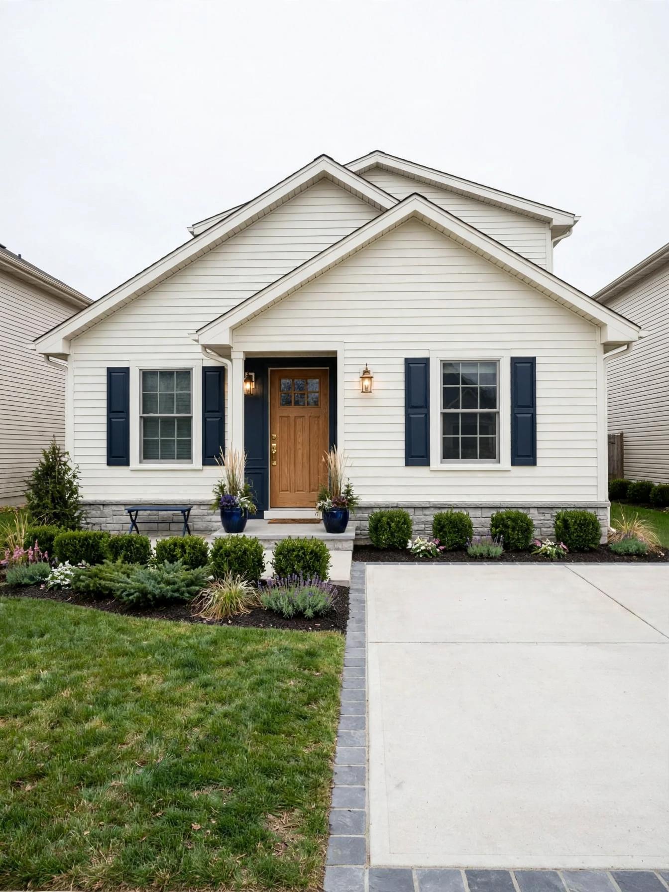 Contemporary outdoor after AI exterior redesign by Renovaitor: Navy shutters and stone-edged driveway brighten small gable facade