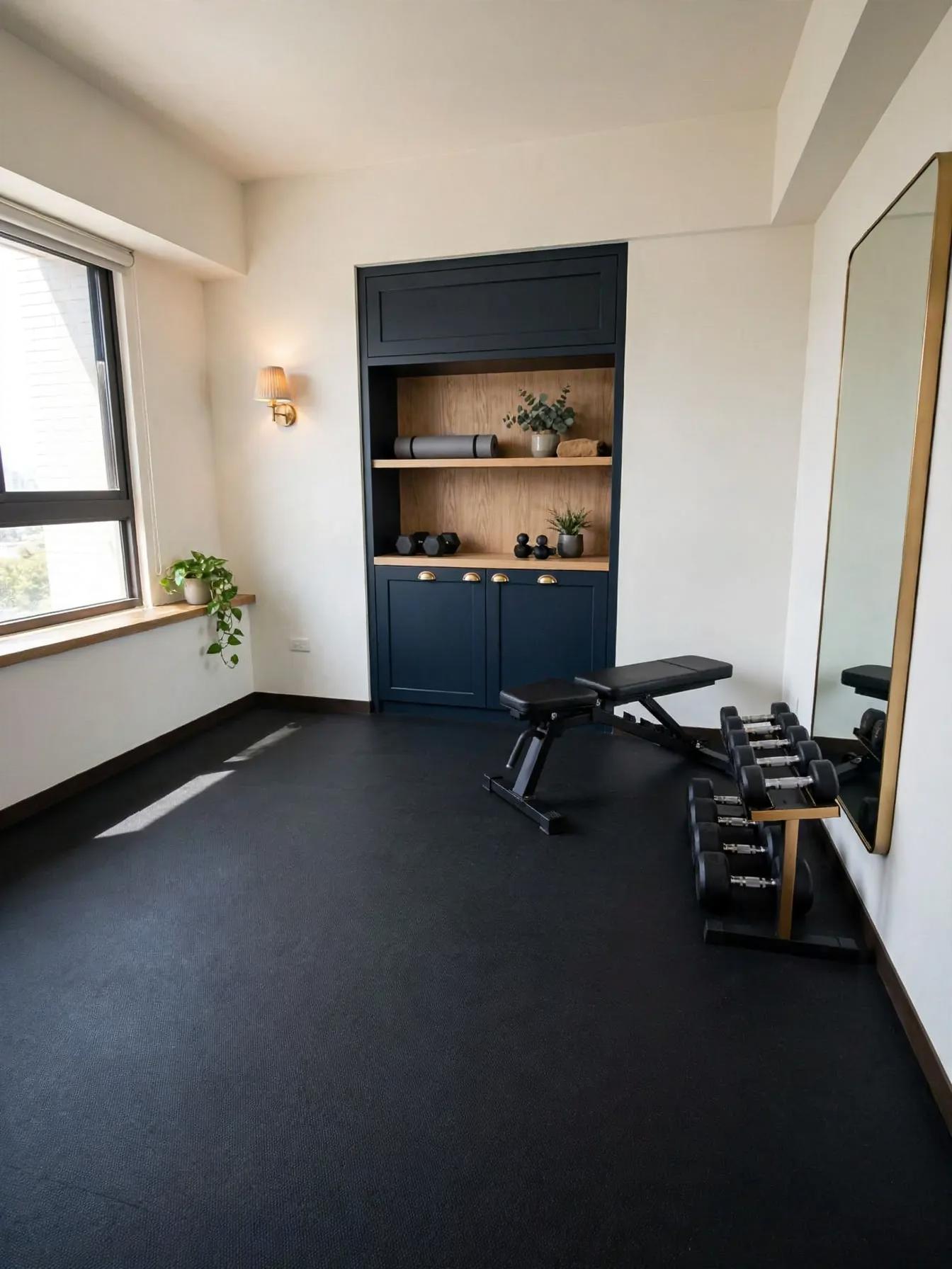 Contemporary home gym after AI restyle by Renovaitor: Niche Turned Navy Cabinet and Mirror Anchor Home Gym