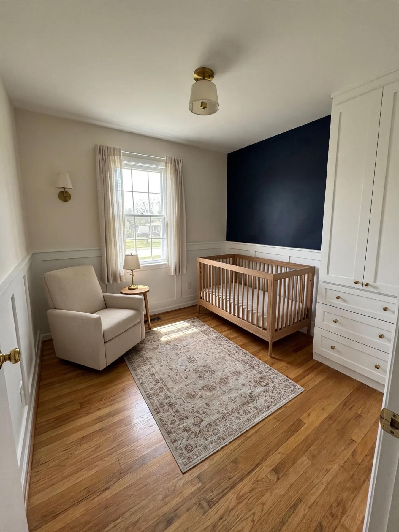 Contemporary nursery after AI restyle by Renovaitor: Navy Accent Wall and White Wainscot in a Cozy Nursery Restyle