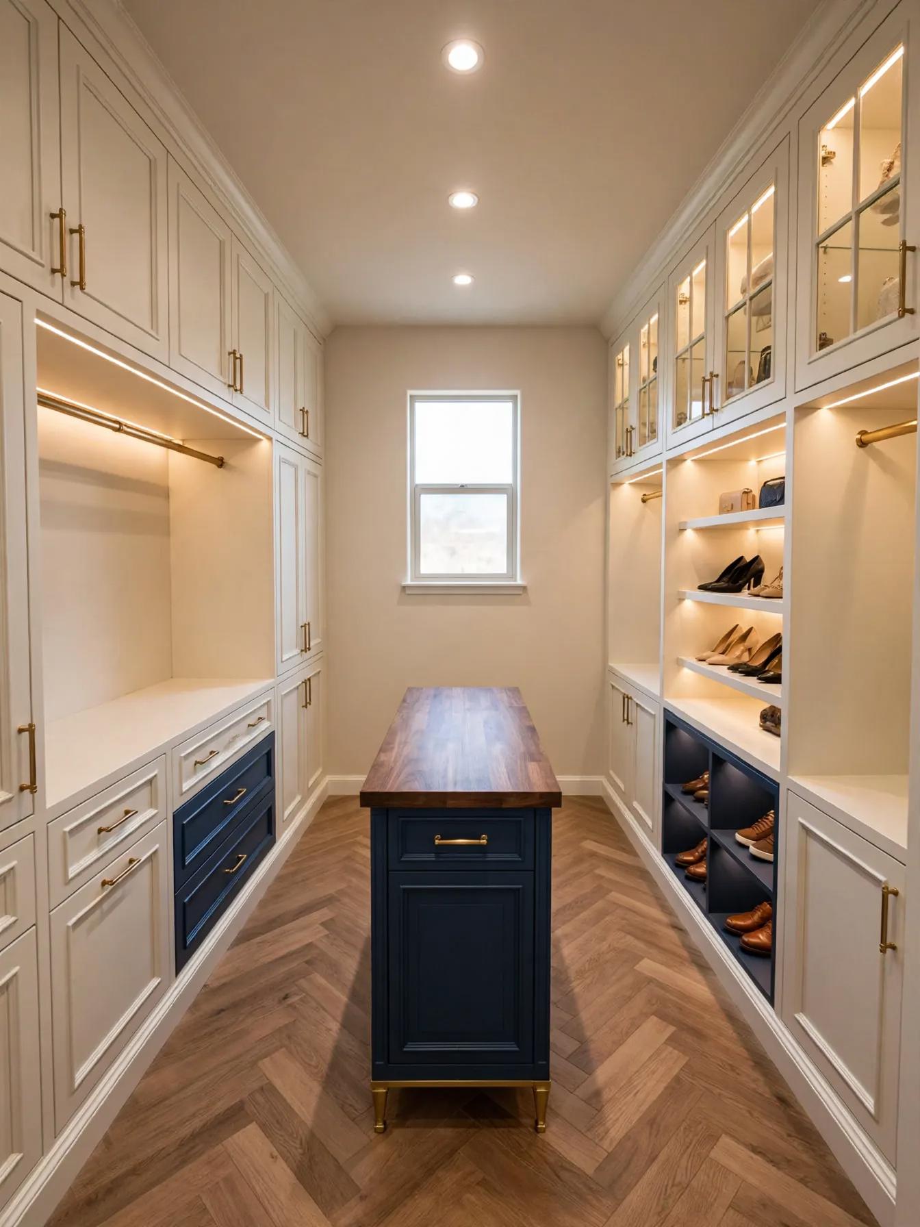 Contemporary walk in closet after AI restyle by Renovaitor: Central blue island and herringbone floor in narrow walk-in closet