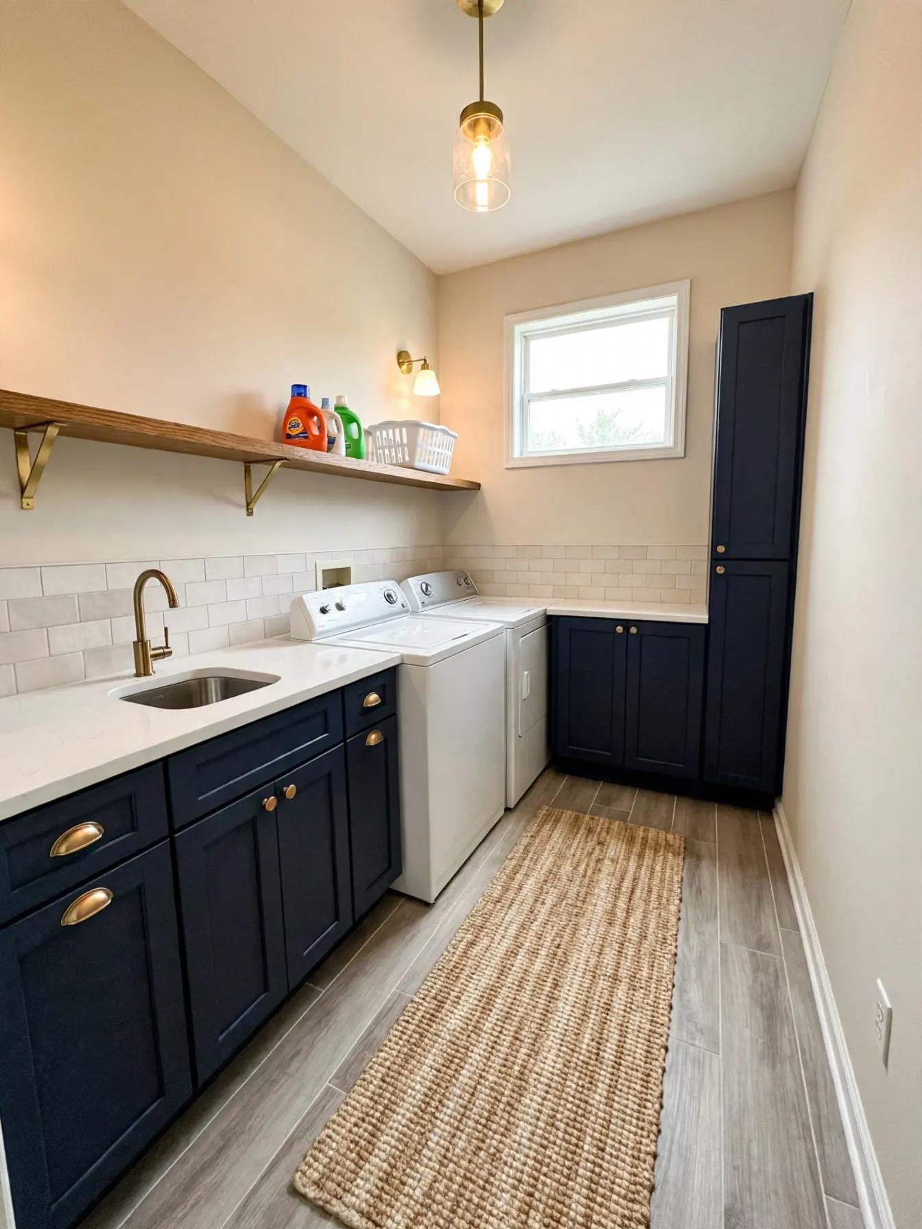 Contemporary laundry room after AI restyle by Renovaitor: Navy cabinets and oak shelf redefine narrow laundry room