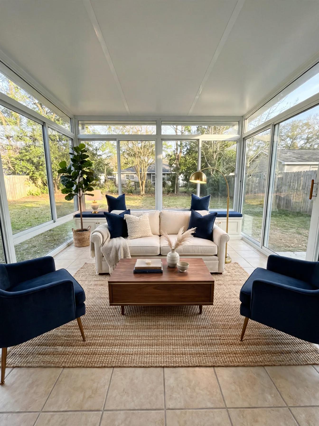 Contemporary sunroom after AI restyle by Renovaitor: Wraparound glass sunroom framed with navy accents