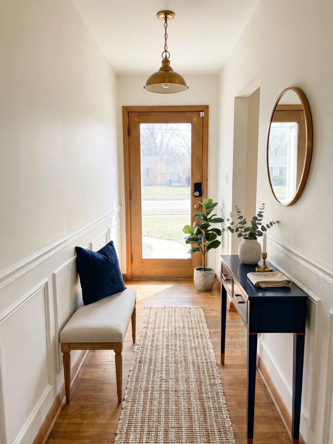 Narrow entry with added white panel molding, a navy console and bench, woven runner, brass pendant and round mirror