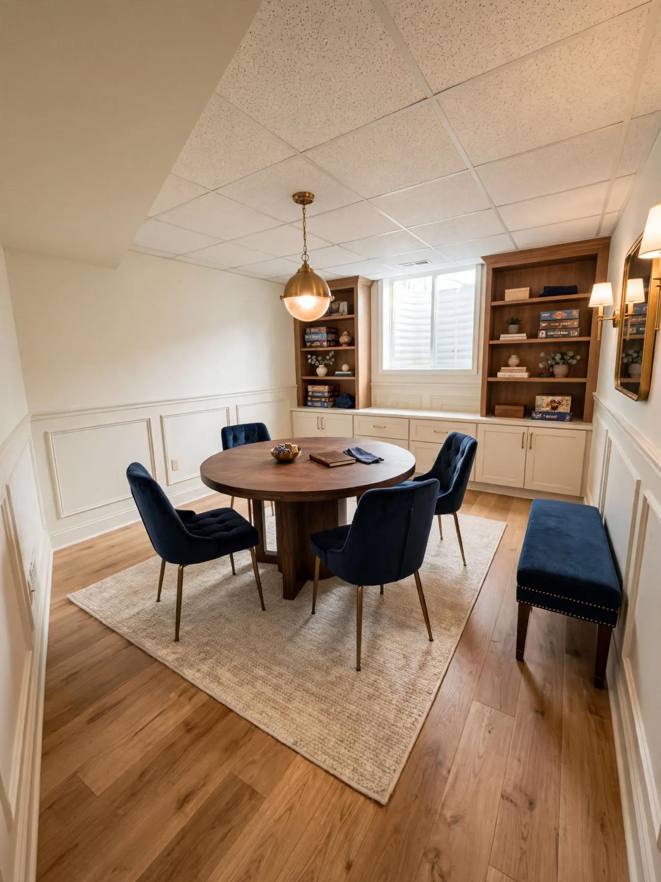Contemporary basement after AI restyle by Renovaitor: Built-in Shelves and Blue Chairs Transform Basement Game Room