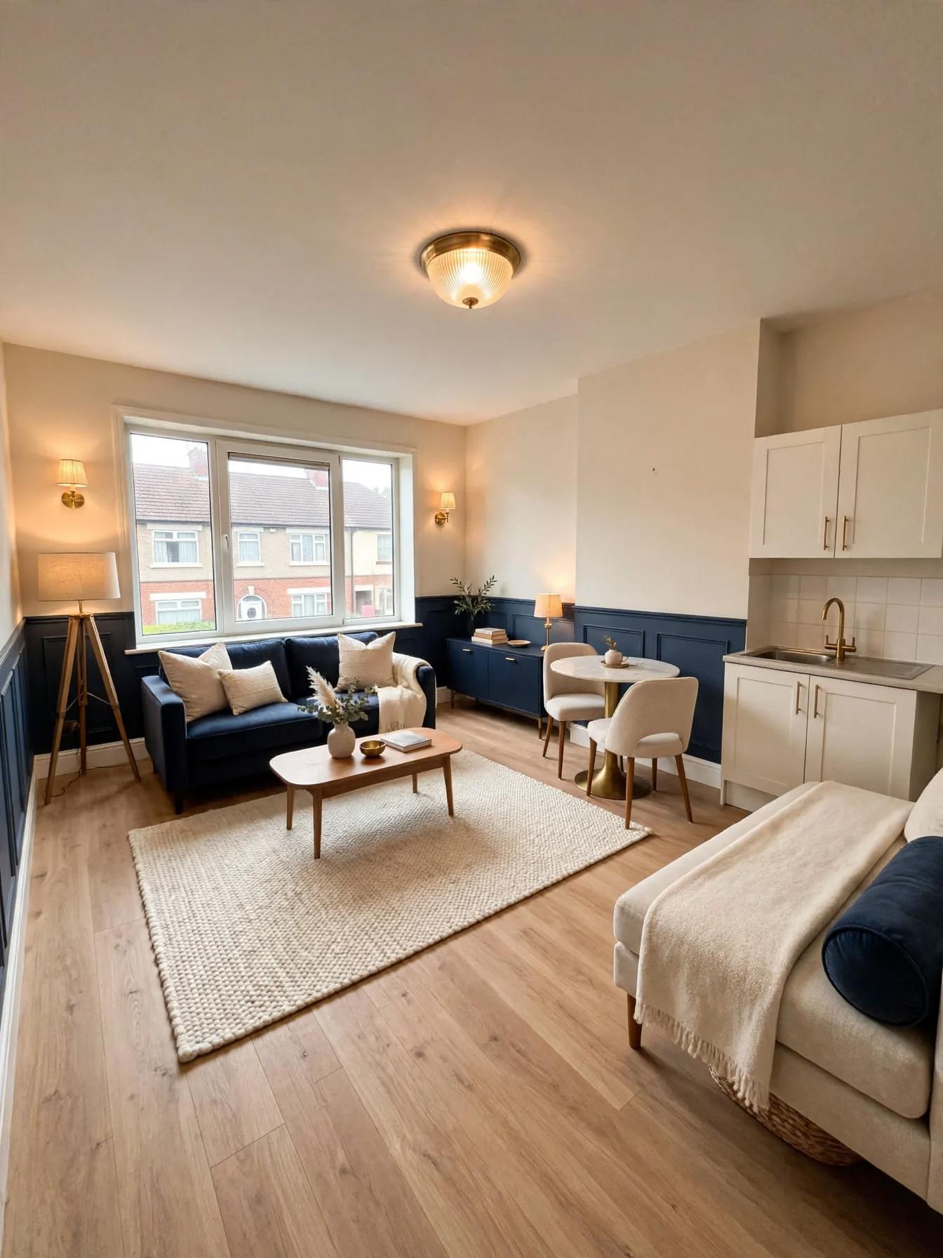 Contemporary living room after AI restyle by Renovaitor: Navy dado, brass accents and layered neutrals in a studio