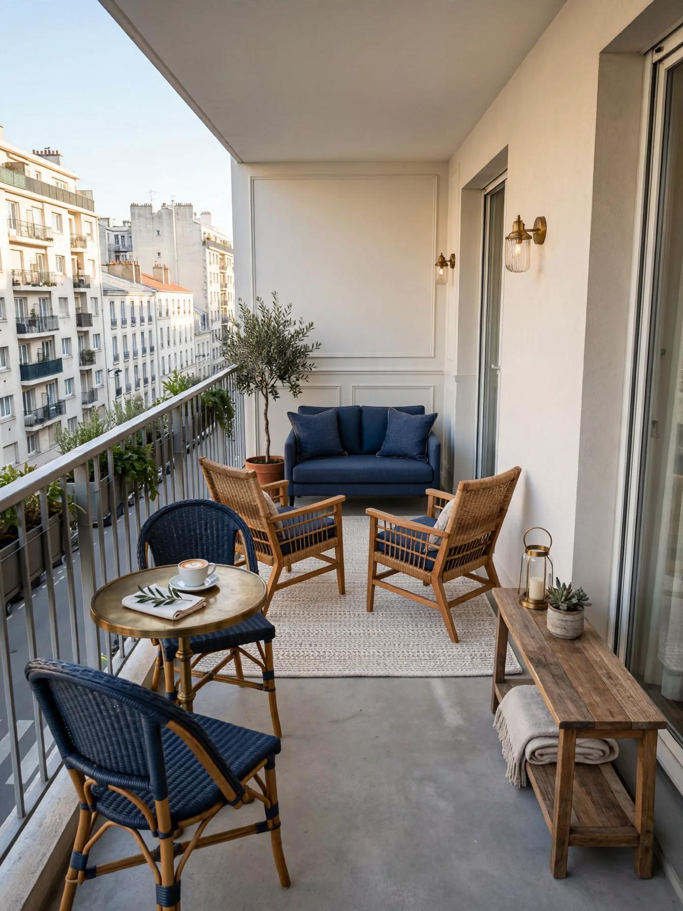 Contemporary outdoor after AI restyle by Renovaitor: Narrow Parisian balcony refined with navy seating and rattan accents