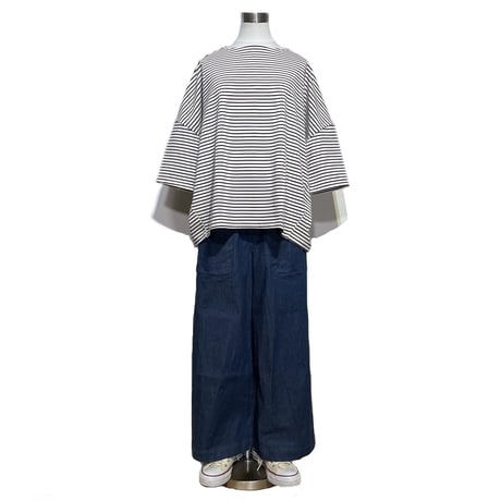 Linen ya"delave quater sleeve border T-shirs"(navy)women's