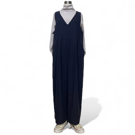 Linen ya"front zip salopette"(navy)women's