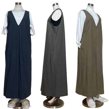 Linen ya"cotton V-neck salopette"(navy)women's