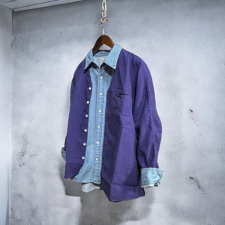 TigreBrocante"40/1 linen V-neck stallman shirts“(purple blue)unisex