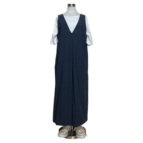 Linen ya"cotton V-neck salopette"(navy)women's