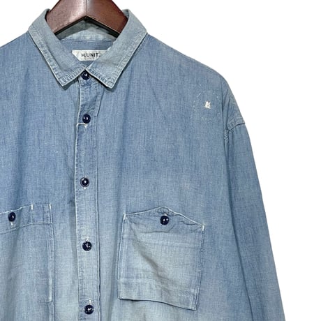 H.UNIT"5oz chambray big pocket work shirts used wash"(indigo) unisex