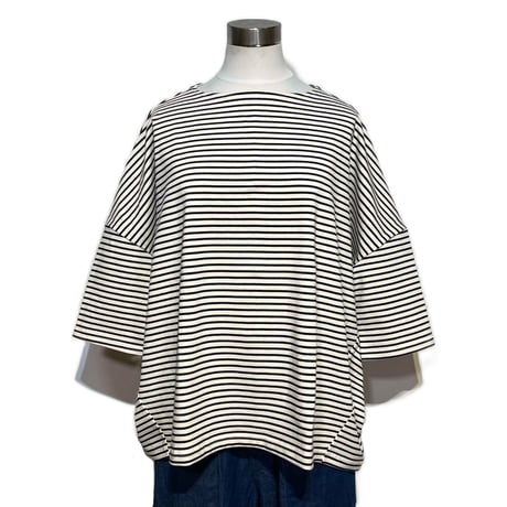 Linen ya"delave quater sleeve border T-shirs"(navy)women's